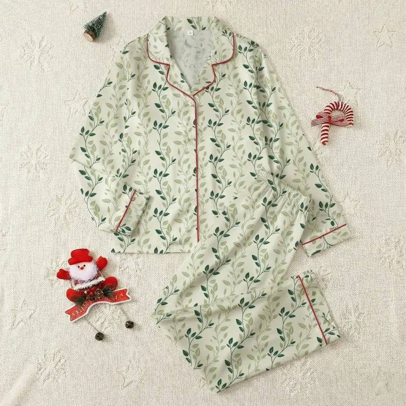 Bridal Party Members' Elegant Cream White Botanical Vine Leaf Pattern in Forest Green & Sage Satin Pajamas Set - 1