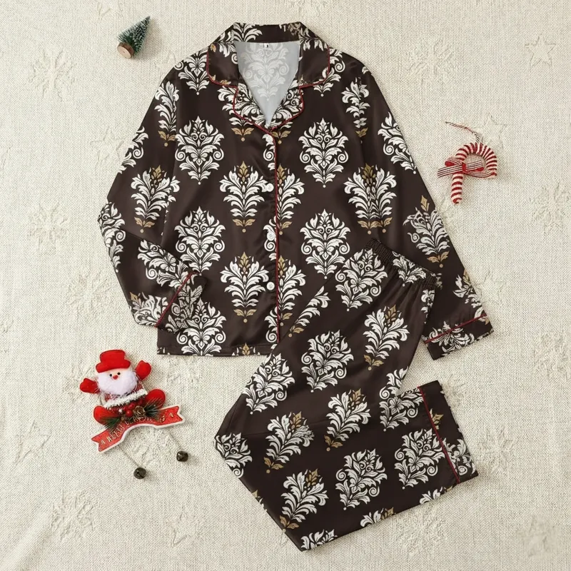 Women's Intricate Damask Botanical Pattern in Dark Chocolate Brown with Crisp White & Warm Tan Accents Satin Pajamas Set - 1