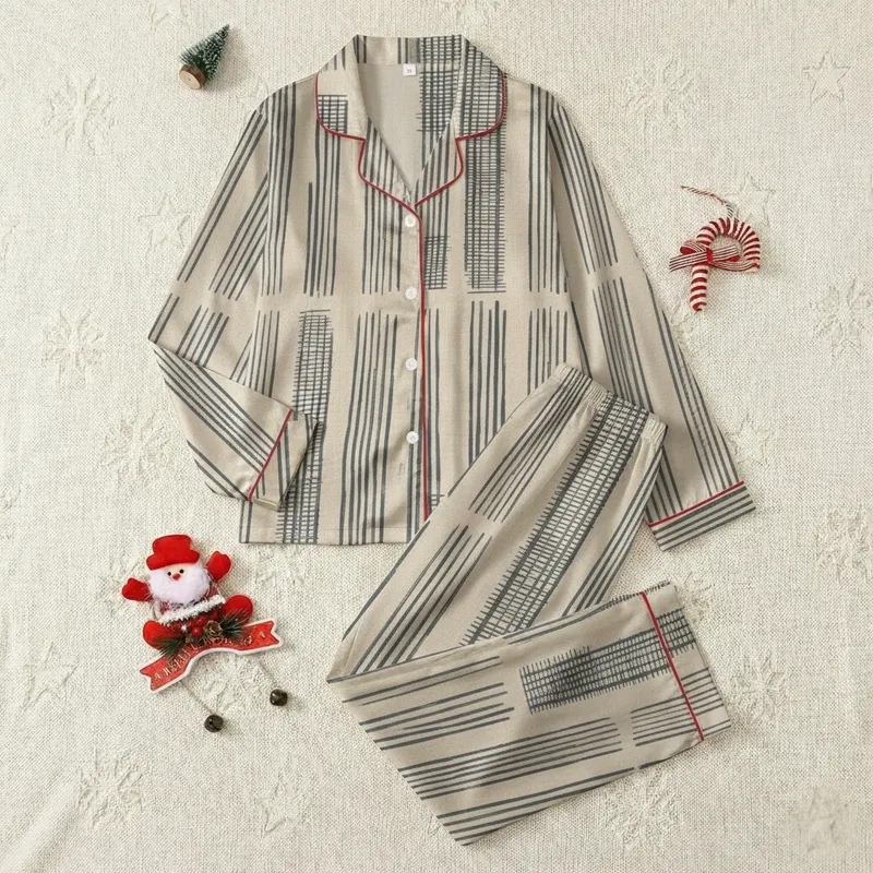 Women's Muted Beige Hand-Drawn Organic Rustic Vertical Stripe Charcoal Pattern Satin Pajamas Set - 1