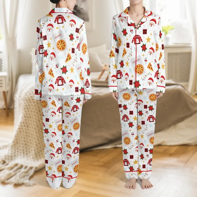 Kids & Family Whimsical Red Green Gold Santa Pizza Snowflake Holiday Pattern Satin Pajamas Set - 1
