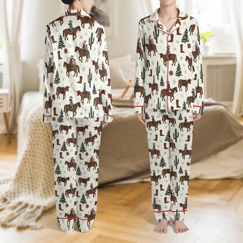 Families' Rustic Western Christmas Cowboy Santa Saguaro Cactus Snowy Prairie Cream Red Brown Pattern Satin Pajamas Set - 1