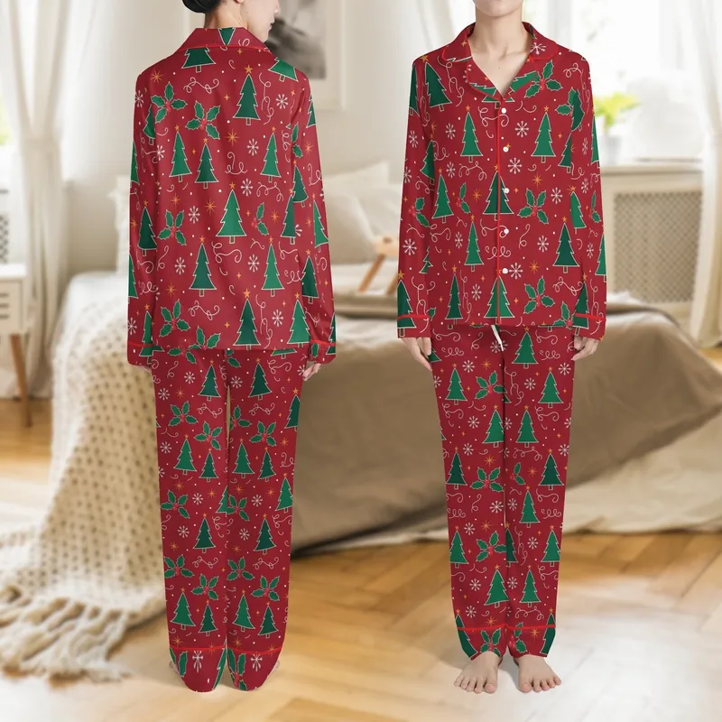 Families' Charming Hand-Drawn Festive Red Emerald Green Holly Snowflake Gold Starburst Pattern Satin Pajamas Set - 1