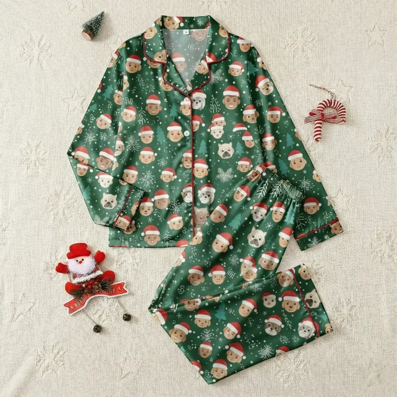 Festive Family Realistic Face Santa Hat Pattern Forest Green Pine Holly Red Ho Ho Ho Navy Blue Evergreen Satin Pajamas Set - 1