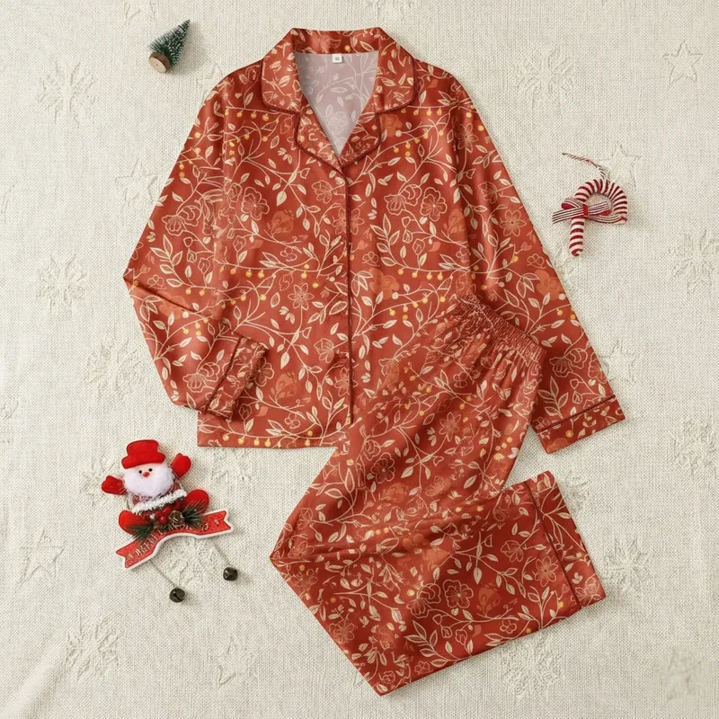 Women's Elegant Terracotta Botanical Vine, Delicate String Lights & Muted Peach Flowers Satin Pajamas Set - 1