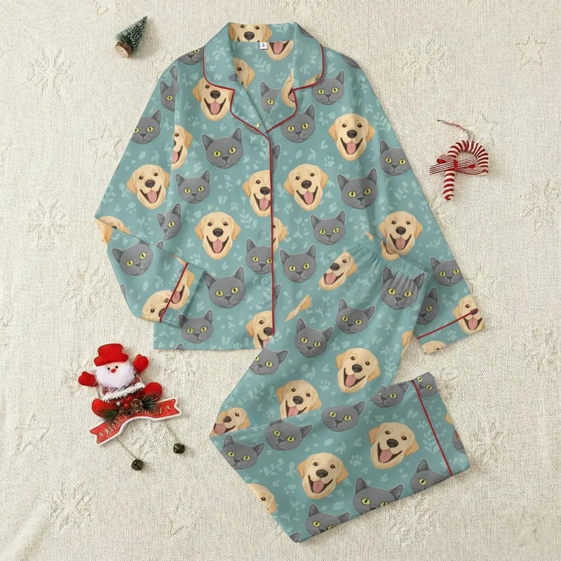 Pet Lovers' Expressive Grey Cat Yellow Eye & Golden Retriever Dog Face Teal Pattern with Subtle Leaf & Paw Prints Satin Pajamas Set - 1