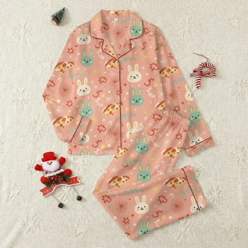 Kids' Whimsical Hand-drawn Pizza Slices, Bunny, Starburst Pattern in Peach-Pink, Mint, Yellow Satin Pajamas Set - 1