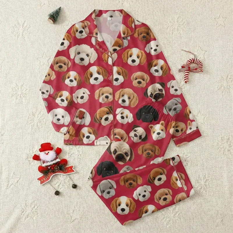 Pet Parents' Lively Red Hyper-Realistic Stuffed Dog Faces Repeating Pattern Satin Pajamas Set - 1