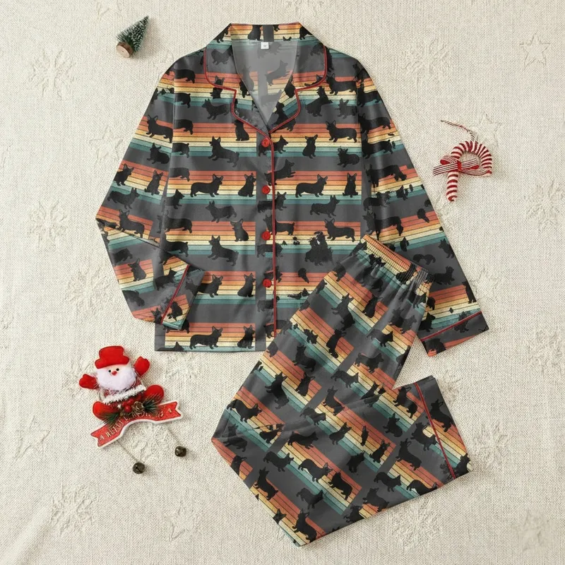 Corgi Mom's Playful Black Corgi Silhouettes Retro Sunset Muted Orange Teal Stripe Distressed Pattern Satin Pajamas Set - 1