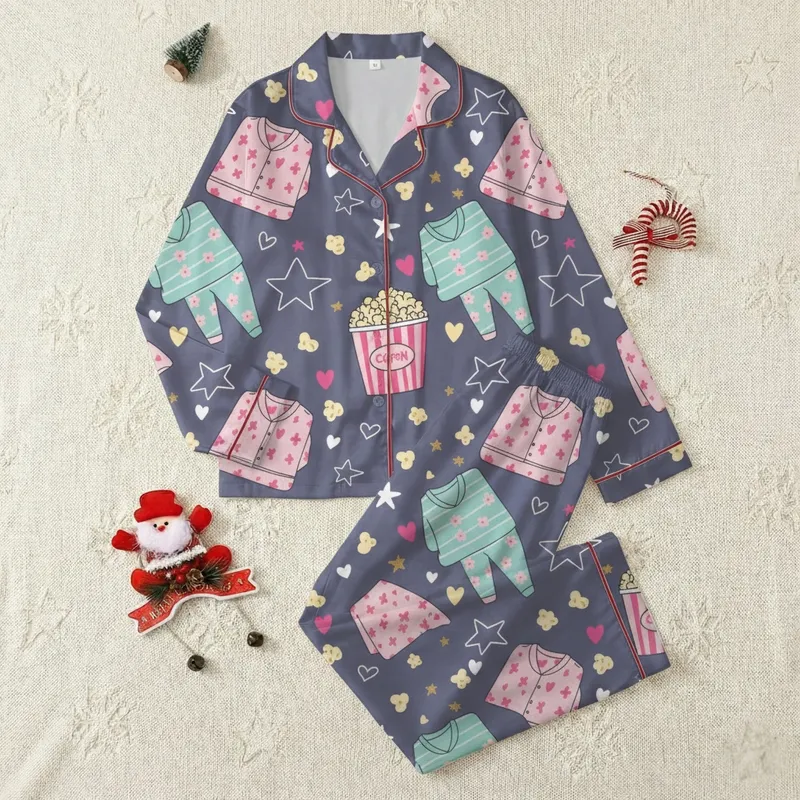 Girls' Whimsical Popcorn Buckets Cozy Polka Dot Pajamas Stars Hearts Pastel Pink Teal Yellow Muted Purple-Gray Satin Pajamas Set - 1