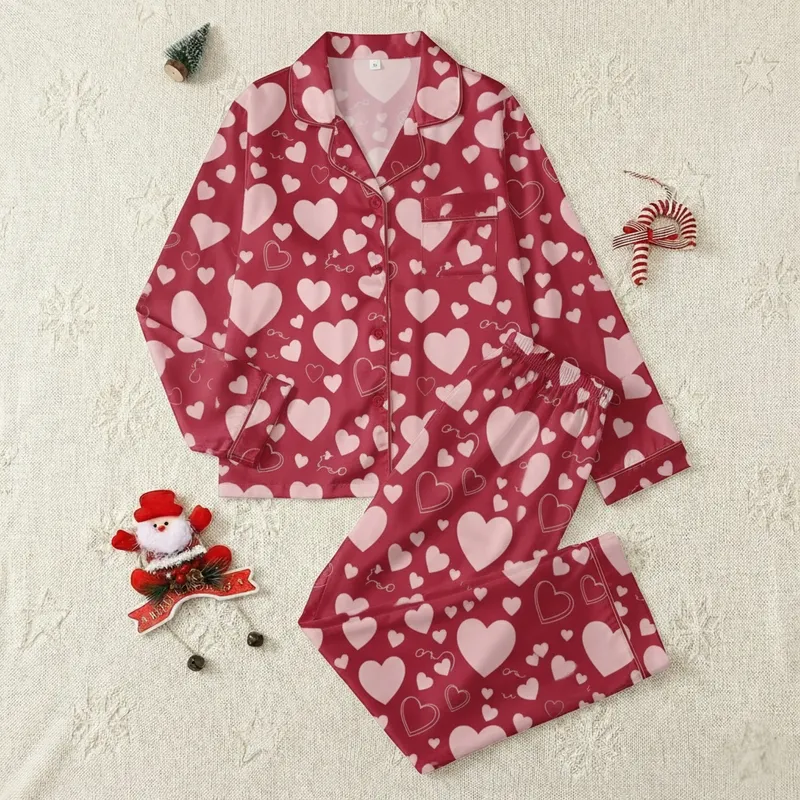 Girls' Vibrant Red Playful Pastel Pink Heart Scattered Pattern with White Script Lines Satin Pajamas Set - 1