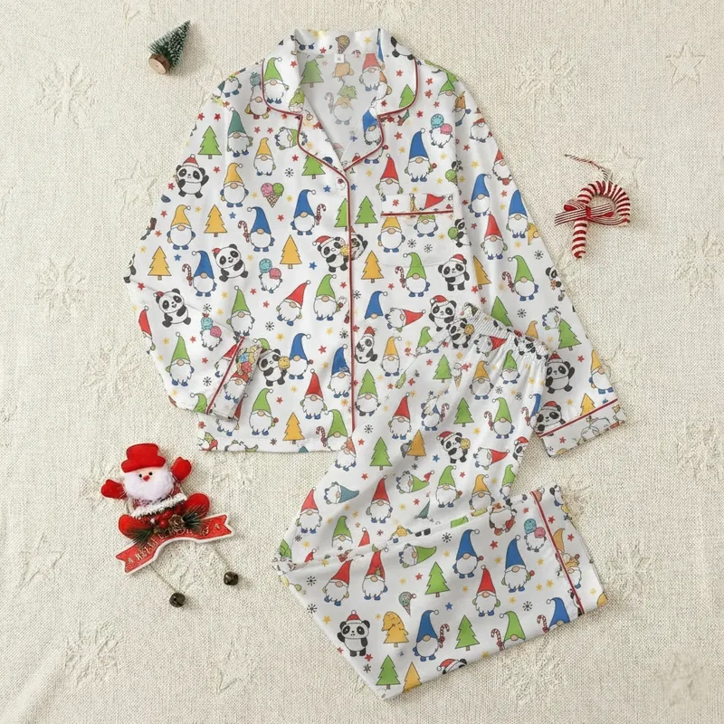 Family Whimsical Festive Gnome Panda Seamless Pattern with Red Blue Green Yellow Orange Elements on White Satin Pajamas Set - 1