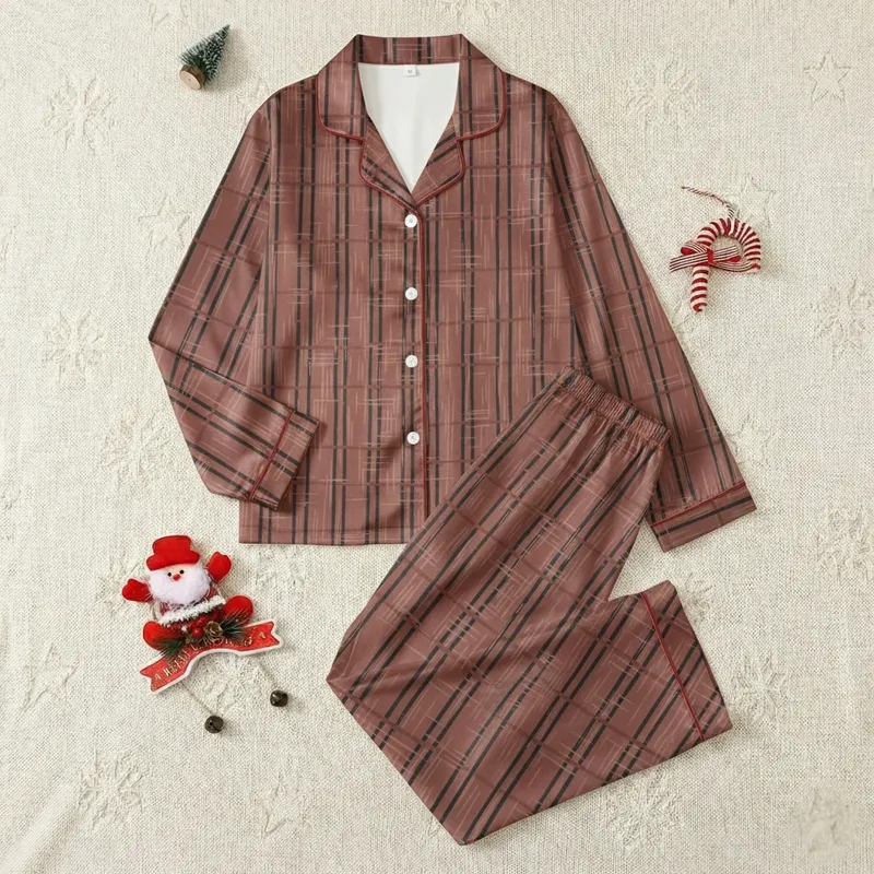 Men's Distressed Rustic Hand-Drawn Charcoal Stripe & Muted Red-Brown Woven Textile Grid Pattern Satin Pajamas Set - 1