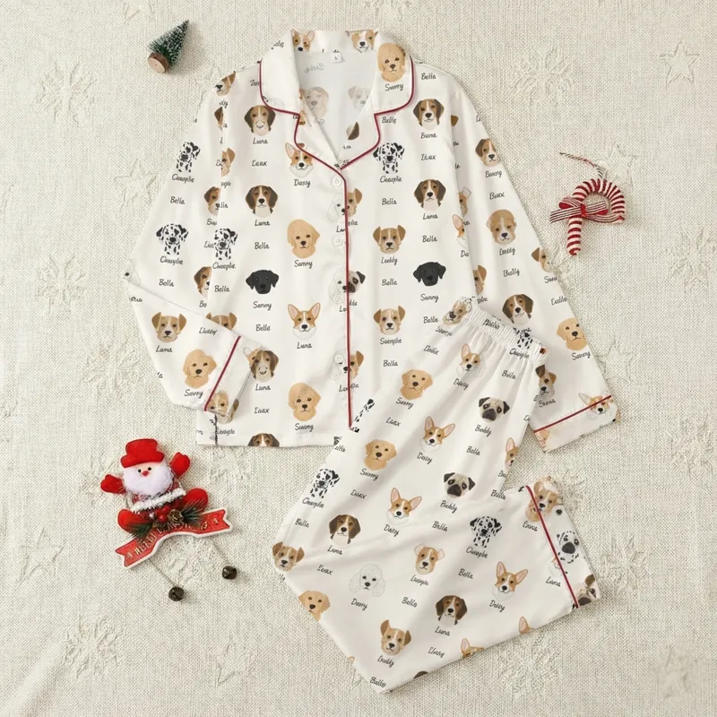 Dog Lovers' Off-White Illustrative Golden Retriever Beagle Corgi Pattern with Custom Dog Names Satin Pajamas Set - 1