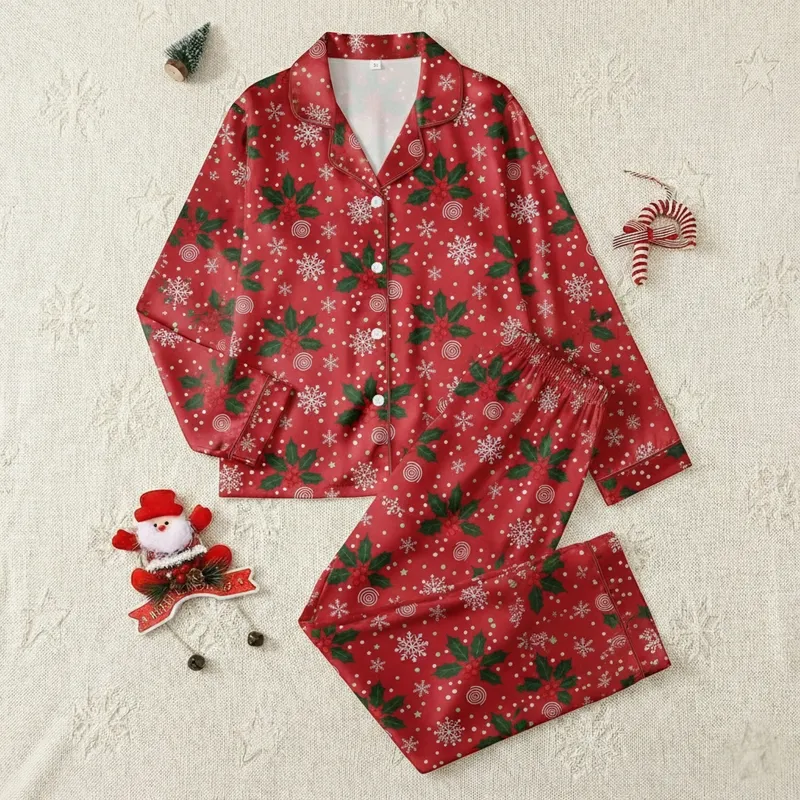 Children's Festive Red Green Holly Berry Leaf White Snowflake Repeating Pattern Satin Pajamas Set - 1
