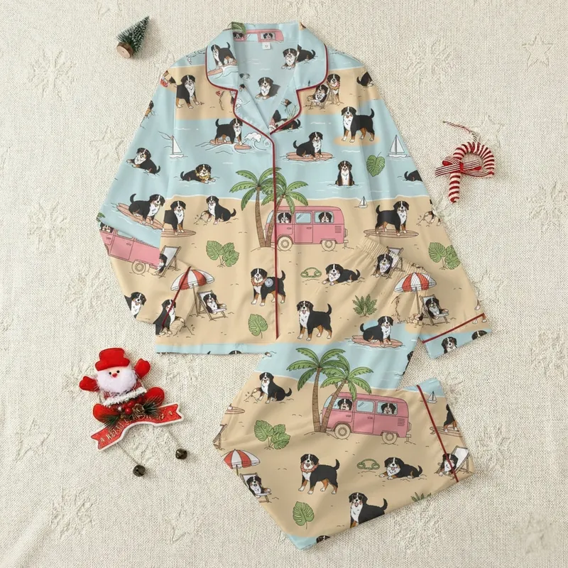 Playful Bernese Mountain Dog: Tropical Beach Fun with Surfboards & Camper Satin Pajamas Set - 1