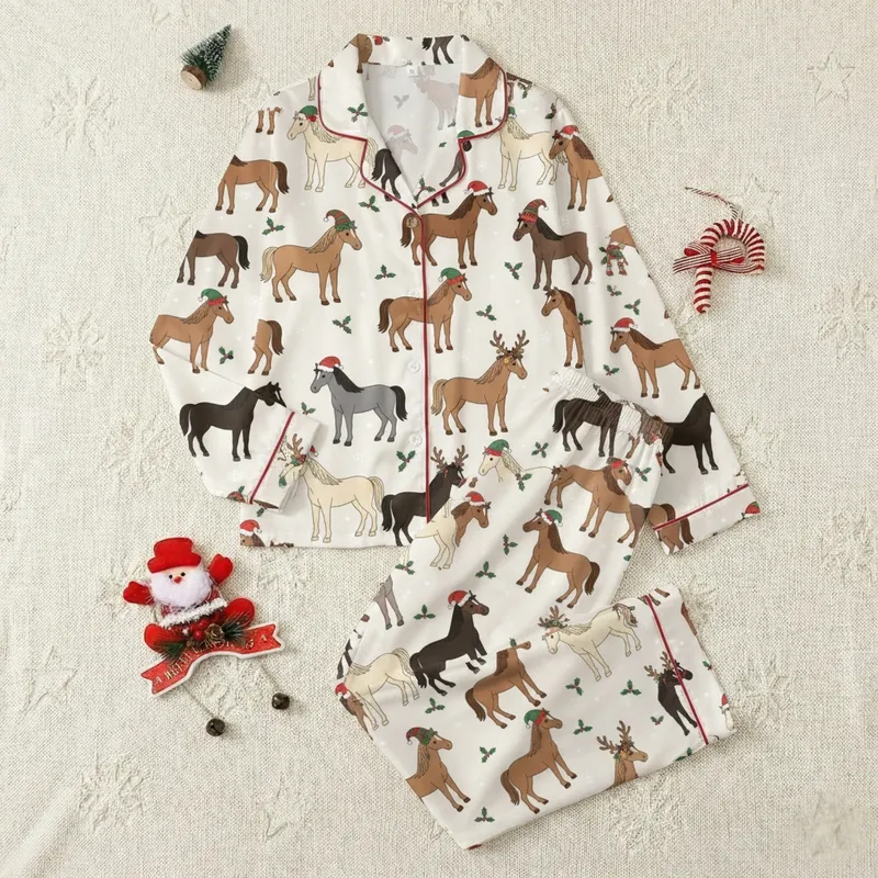Horse Lovers' Illustrative Christmas Horses & Ponies with Red Santa Hats, Green Elf Hats, Reindeer Antlers, Snowy White Pattern Satin Pajamas Set - 1