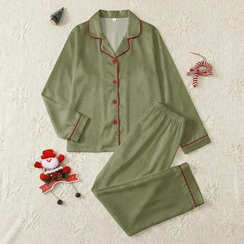 Kids' Muted Olive Green Cream Split Minimalist Botanical Line Art Pattern Satin Pajamas Set - 1