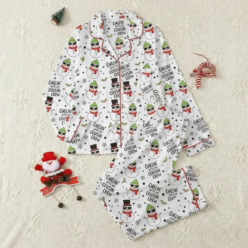 Cousin Crew Whimsical Cartoon Snowmen Festive Red Green Black White Chillin' Phrase Pattern Satin Pajamas Set - 1