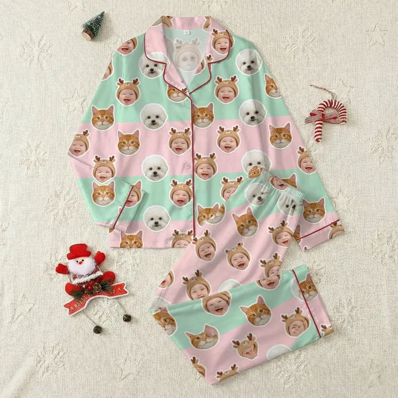 Personalized Gift Seekers' Pastel Mint Pink Sticker Pattern with Smiling Baby Faces, Bichon Frise Dogs, & Ginger Cats Satin Pajamas Set - 1