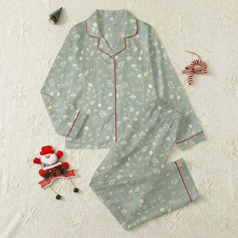Bridal Party Elegant Sage Green Botanical Rosebud Shimmering Gold Script Wedding Design Satin Pajamas Set - 1
