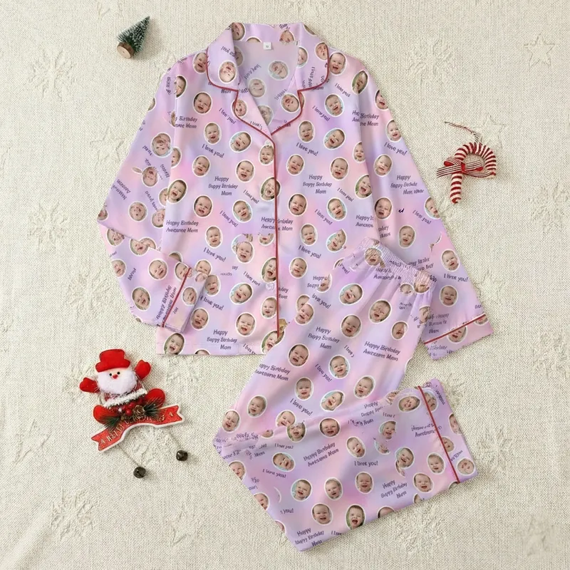 Moms' Soft Pastel Pink Lavender Collage with Smiling Baby Faces & Mom Messages Satin Pajamas Set - 1