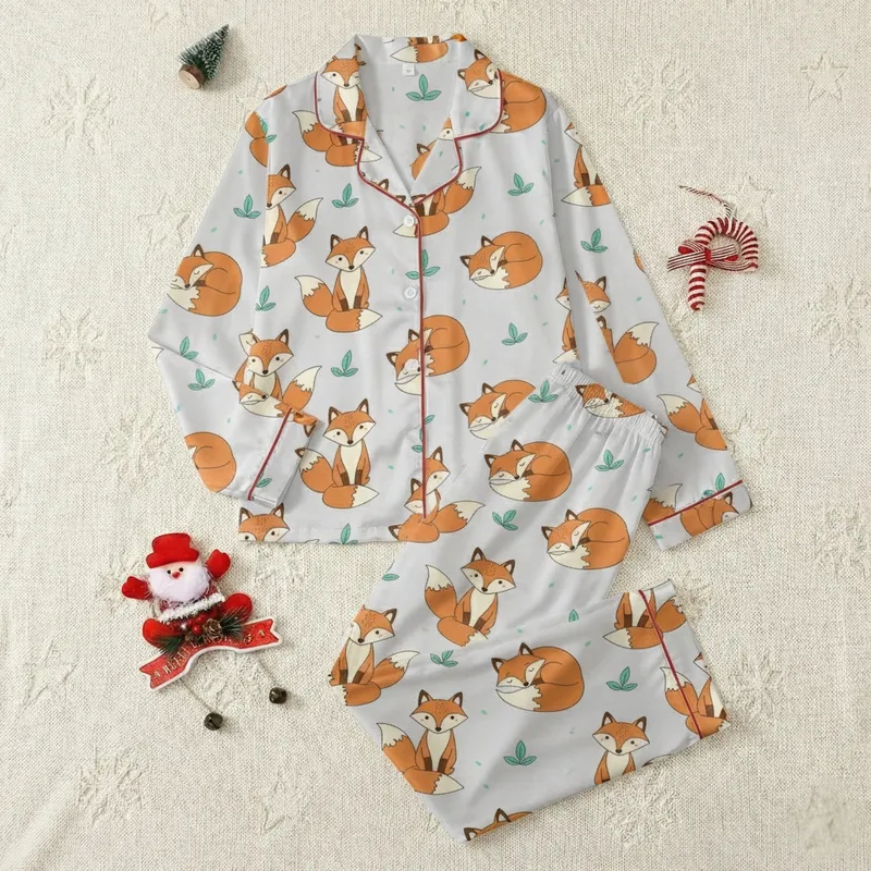 Sighthound Lovers' Whimsical Hand-Drawn Fox & Teal Leaf Pattern Satin Pajamas Set - 1