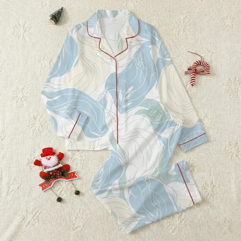Bridesmaid Elegant Sky Blue Creamy Beige Feather-Like Leaf Flowing Line Art Satin Pajamas Set - 1