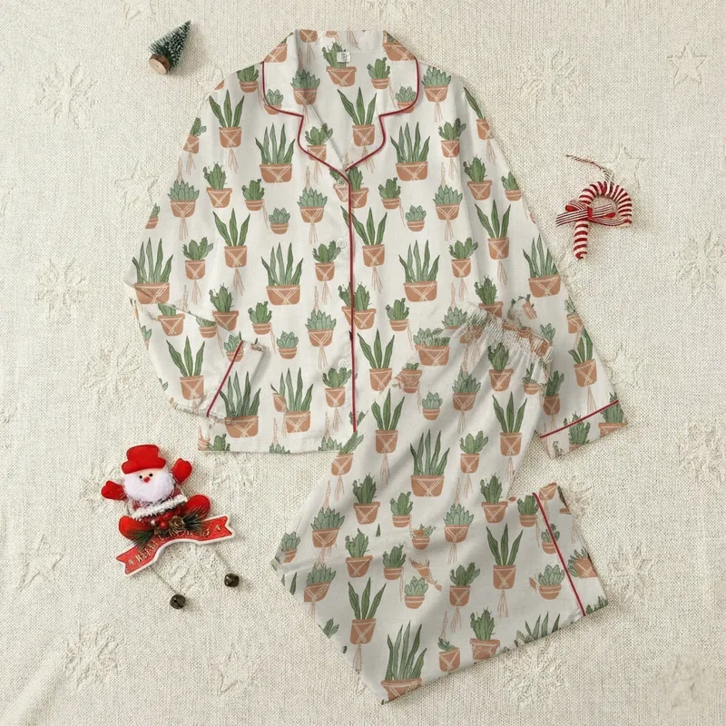 Women's Rustic Off-White Hand-Drawn Houseplant Macrame & Succulent Pattern in Olive Sage Green Tones Satin Pajamas Set - 1