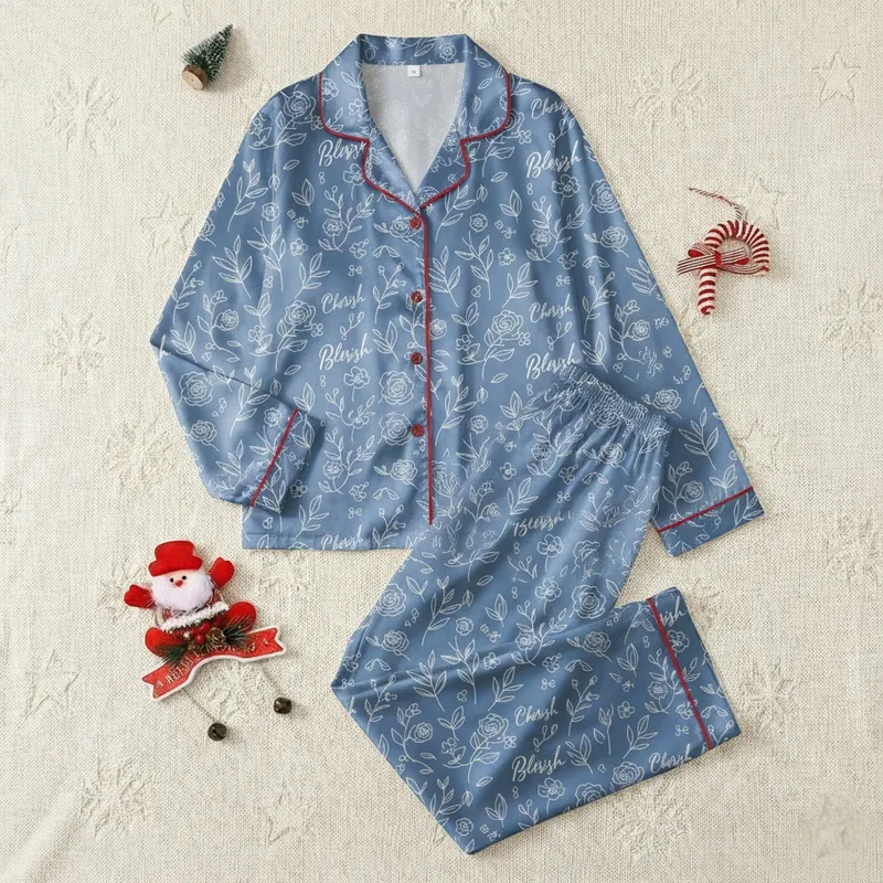 Women's Dusty Blue Minimalist Botanical Line Art Pattern with White Script Typography Satin Pajamas Set - 1