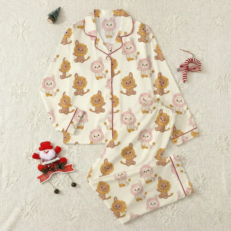 Whimsical Style Fans' Crocheted Lion Bunny All-Over Pattern: Soft Brown, Mustard, Pastel Pink Satin Pajamas Set - 1