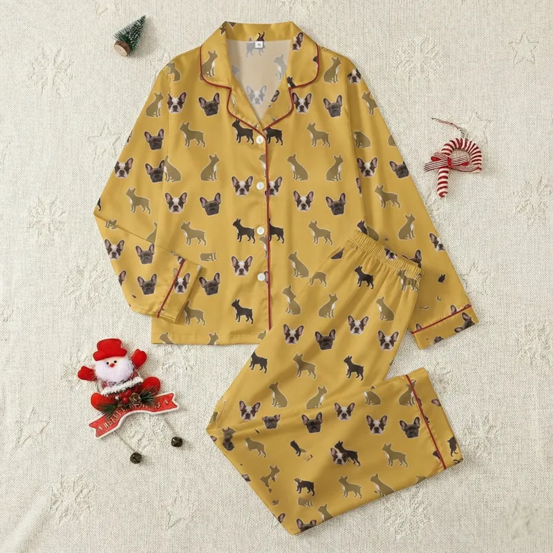 Pet Lovers' Personalized Realistic Dog Face & Silhouette Golden Yellow Caramel Brown Print Satin Pajamas Set - 1