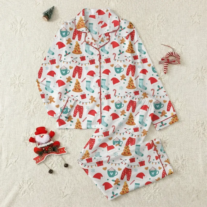 Festive Season Lovers' Red Green White Pizza Tree Pajama Gingerbread Candy Cane Pattern Satin Pajamas Set - 1