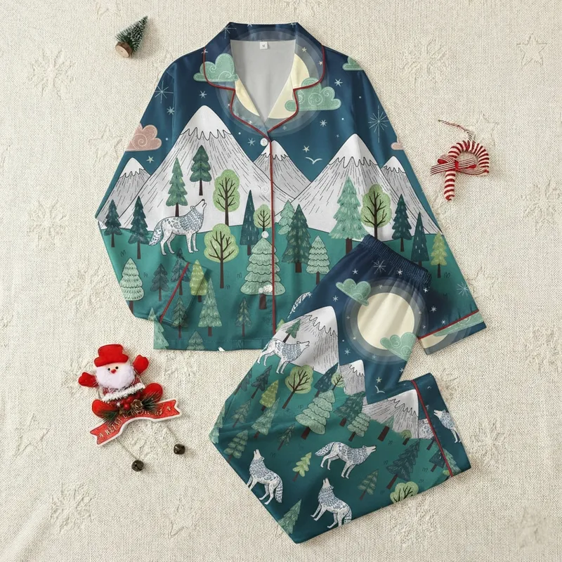 Kids' Whimsical Folk Art Midnight Blue Teal Mountain Forest Wolves Moon Stars Pattern Satin Pajamas Set - 1