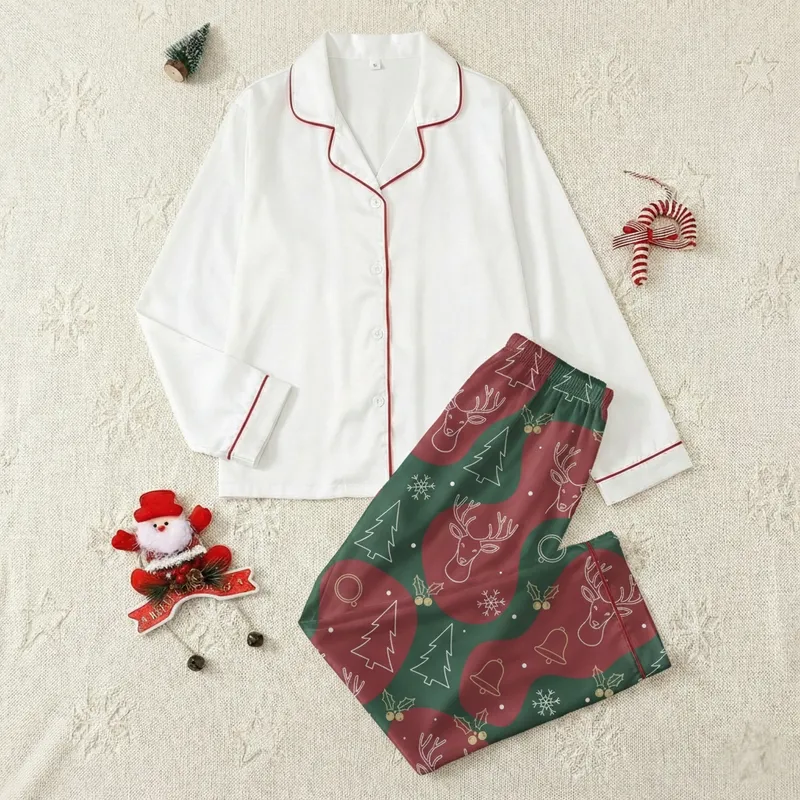 Family's Classic Crimson Green White Gold Outline Christmas Snowflakes Pine Reindeer Holly Pattern Satin Pajamas Set - 1