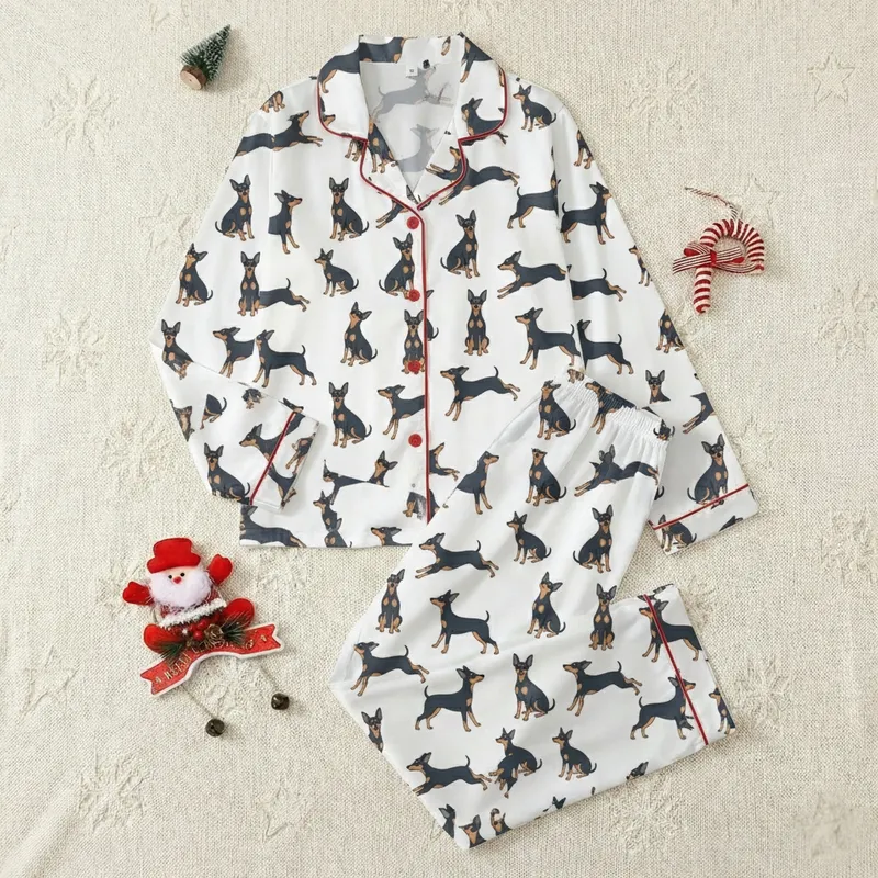 Women's Illustrative Charcoal Black & Tan Miniature Pinscher Dog Repeating Pattern Satin Pajamas Set - 1