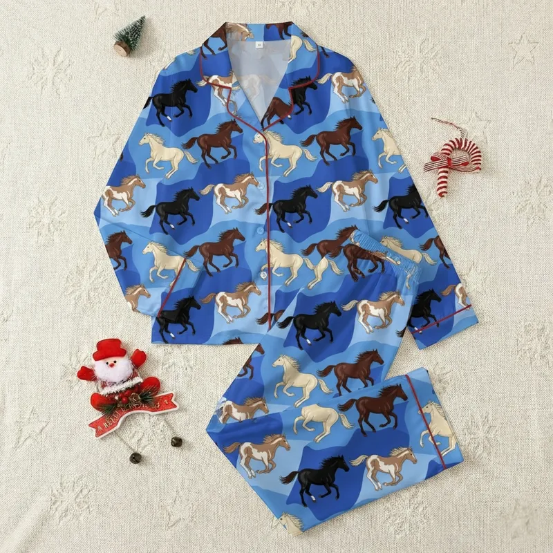 Children's Realistic Galloping Wild Horses Pattern Chestnut Tan Indigo Blue Sky Satin Pajamas Set - 1