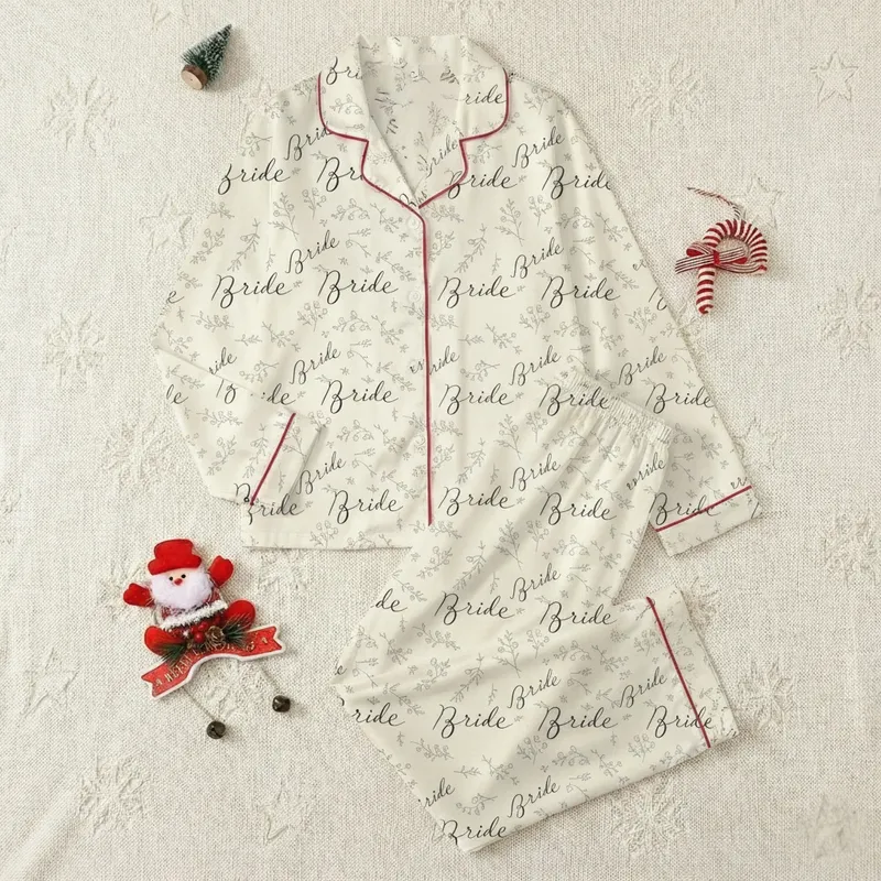 Women's Bridal Party Elegant Script "Bride" Cream & Black Botanical Print Design Satin Pajamas Set - 1
