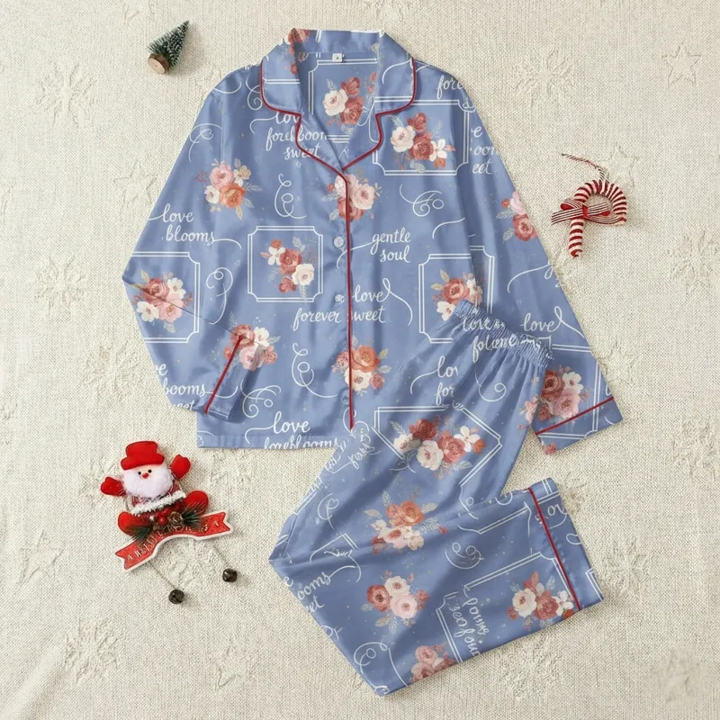 Bridesmaids & Bridal Party Soft Periwinkle Blue Romantic Floral Script Muted Blush Gold Elegance Satin Pajamas Set - 1