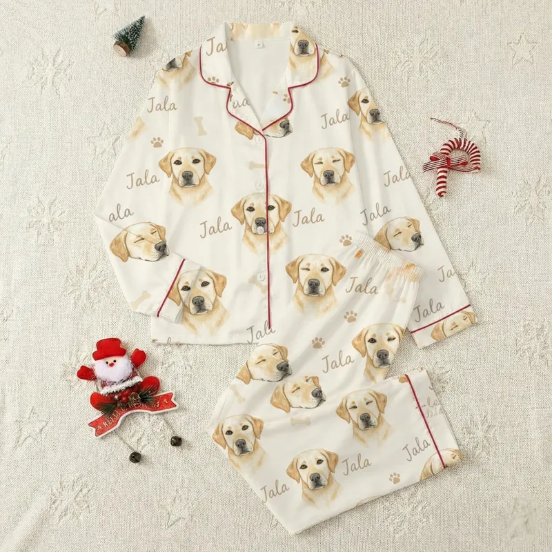 Labrador Retriever Lovers' Creamy Off-White Watercolor Labrador Poses & Paw Prints Pattern with 'Jala' Script Satin Pajamas Set - 1