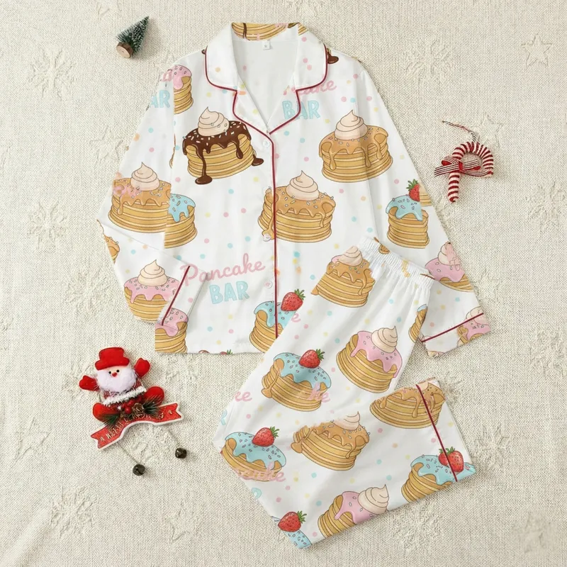 Party Hosts' Whimsical Golden Yellow Pancake Stacks Pastel Sprinkles 'Pancake BAR' Text Pattern Satin Pajamas Set - 1
