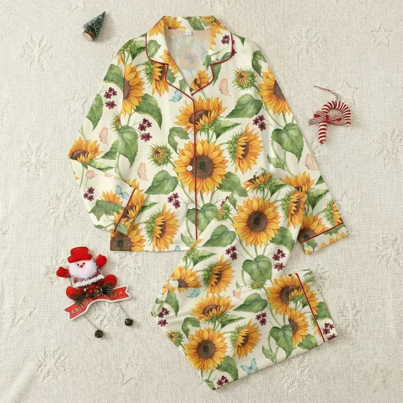 Sunflower Lovers' Hand-Painted Cream Yellow Watercolor Orange-Yellow Sunflower Aqua Butterfly Floral Pattern Satin Pajamas Set - 1
