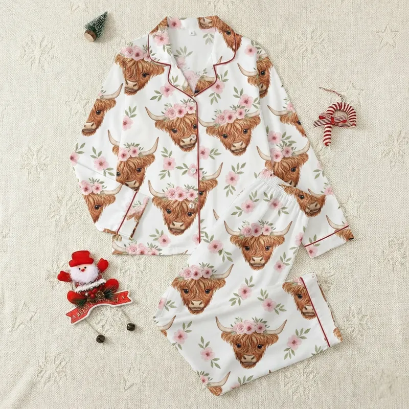 Boho Decor Lovers' Whimsical Watercolor Highland Cow & Pink Floral Botanical Tapestry Satin Pajamas Set - 1