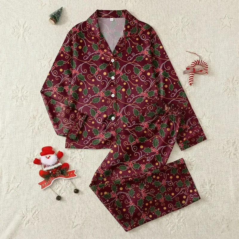 Families' Classic Illustrative Holly Branch & Berry Pattern in Deep Maroon & Forest Green with Gold Accents Satin Pajamas Set - 1