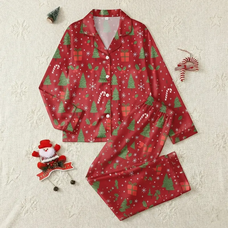 Festive Families' Vibrant Red Whimsical Christmas Pine Tree Candy Cane Holly Pattern Satin Pajamas Set - 1