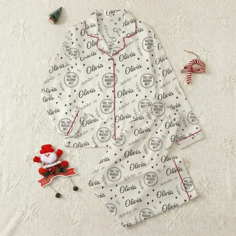Romantics Planning Proposals Hand-drawn Charcoal 'Will You Marry Me' Wreath Personalized Script Name Pattern Cream Off-White Rustic Hearts Satin Pajamas Set - 1