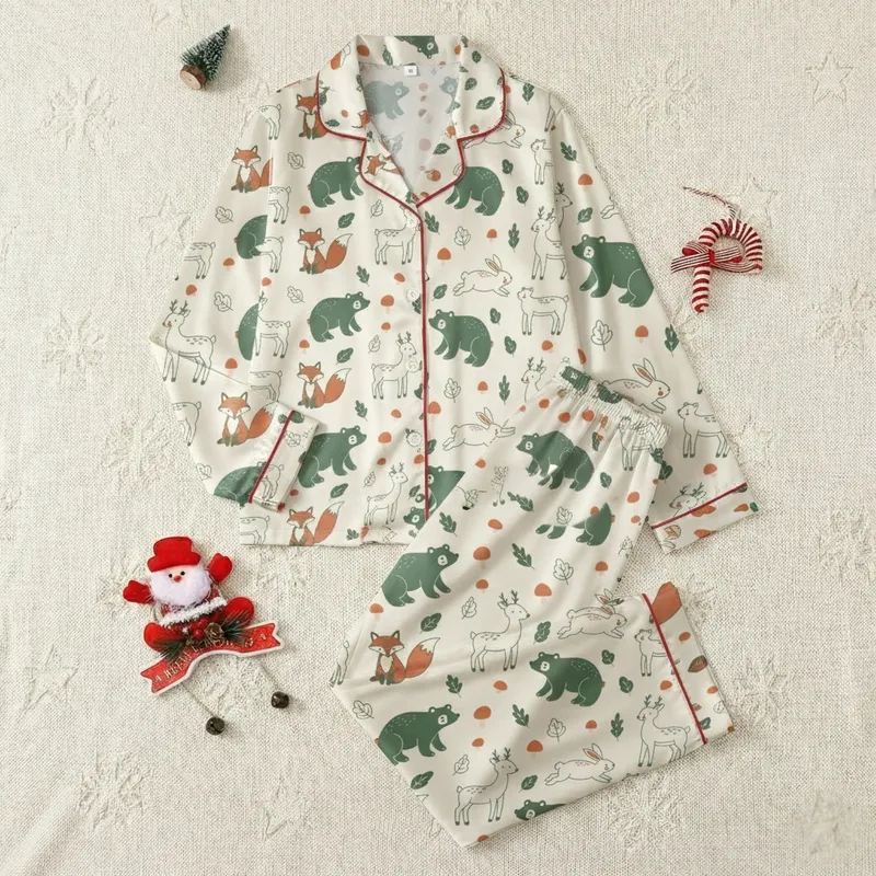 Little Ones' Adorable Woodland Forest Animals Cream Green Orange Hand-Drawn Pattern Satin Pajamas Set - 12EQFT4-NY