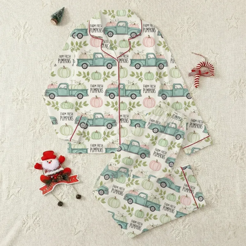 Autumn Lovers' Rustic Teal Truck Pastel Pumpkin Pattern with Farm Fresh Script Satin Pajamas Set - 1