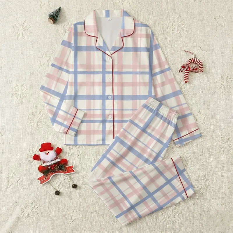 Kids' Soft Pastel Blue Pink Cream Wide Plaid Geometric Grid Pattern Satin Pajamas Set - 1