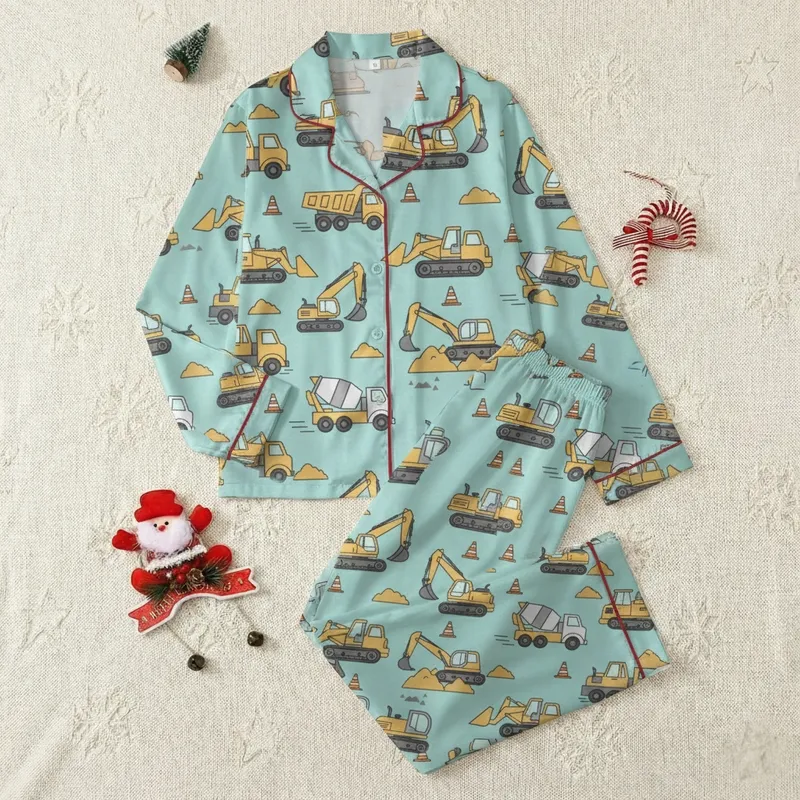 Kids' Aqua Blue Cartoon Construction Site Yellow Trucks & Orange Cones Pattern Satin Pajamas Set - 1
