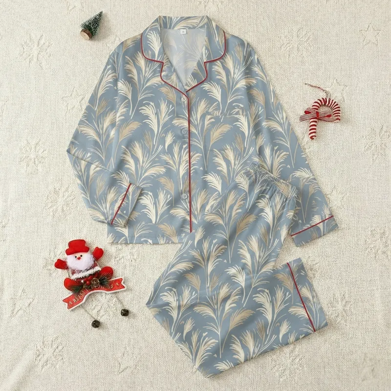 Nursing Moms' Muted Blue-Grey Soft Beige Cream Taupe Delicate Organic Botanical Pattern Satin Pajamas Set - 1